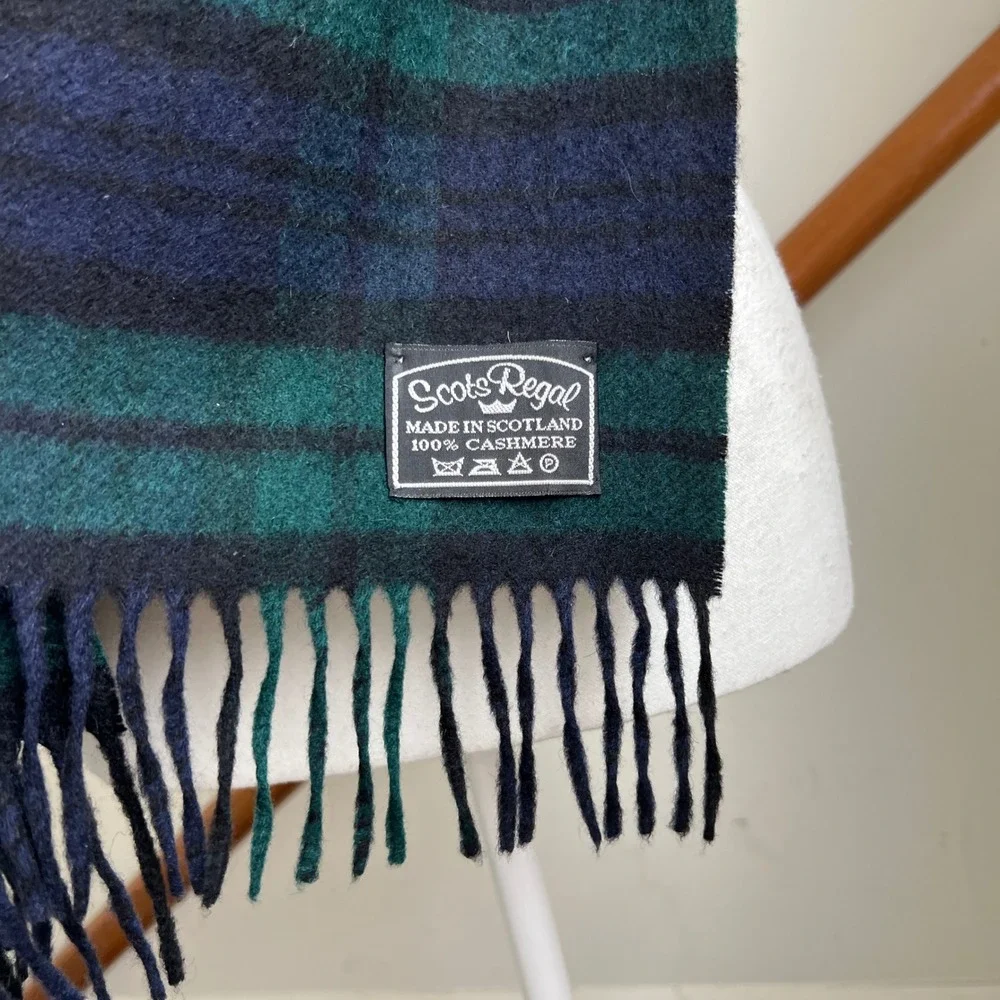 Vintage Scots Regal Scarf Green Blue Blackwatch Plaid 100% Cashmere Scotland